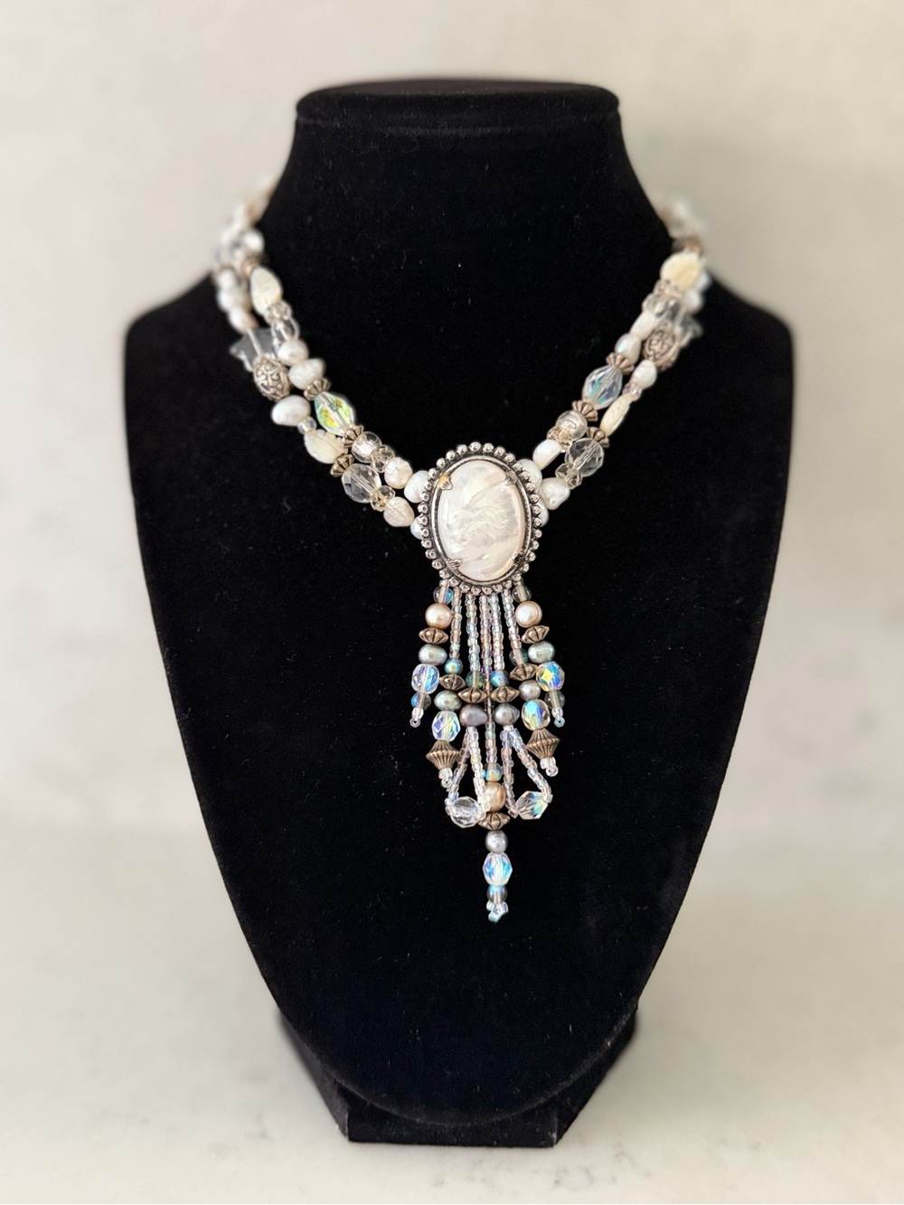 Vintage White and Silver Beaded Statement Necklace - Brand